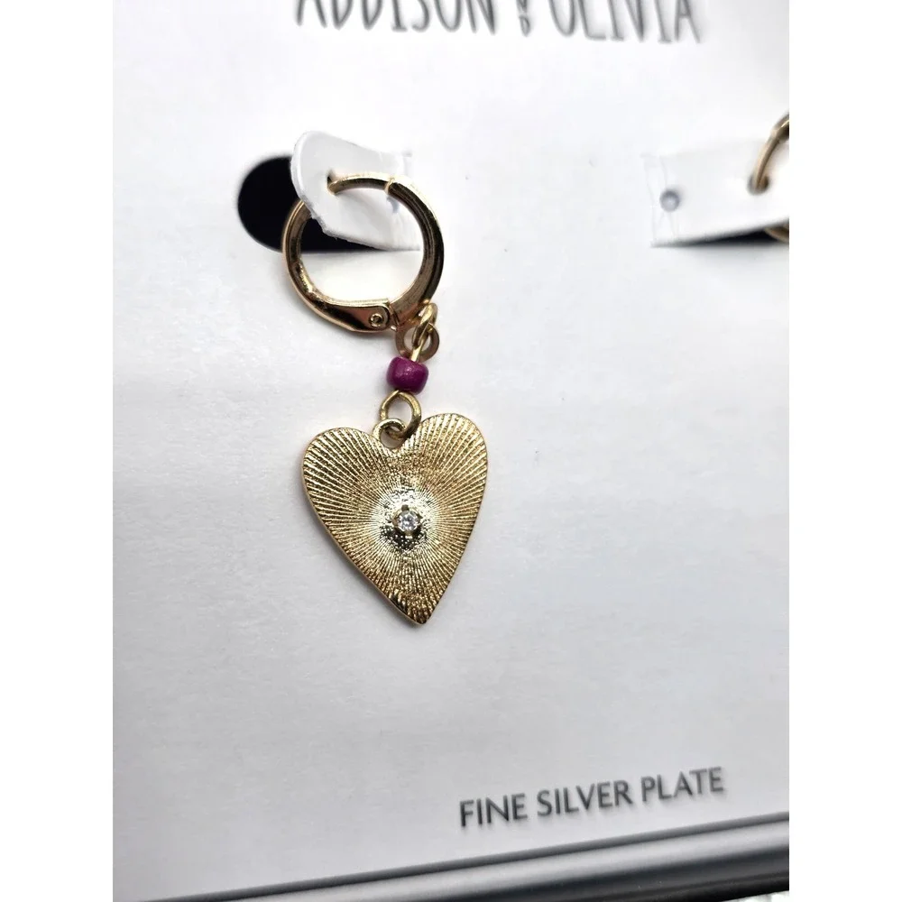 Addison and Olivia Checkered Black White Heart Huggie Earrings Gold Tone NEW